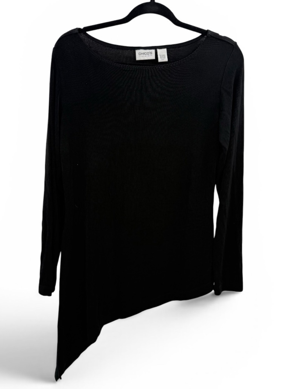 Chico’s Travelers Black Asymmetrical Hem Top Minimalist Draped Long Sleeve Tunic